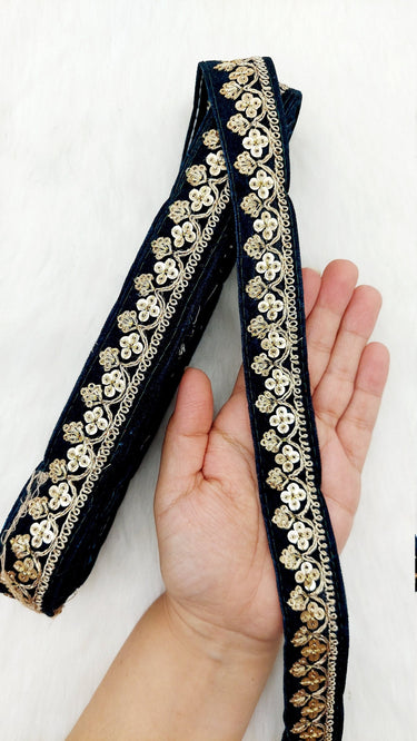 Floral Sequins Embroidered Velvet Fabric Trim Indian Sari Border, Sequin Trimming, Trim By 3 Yards